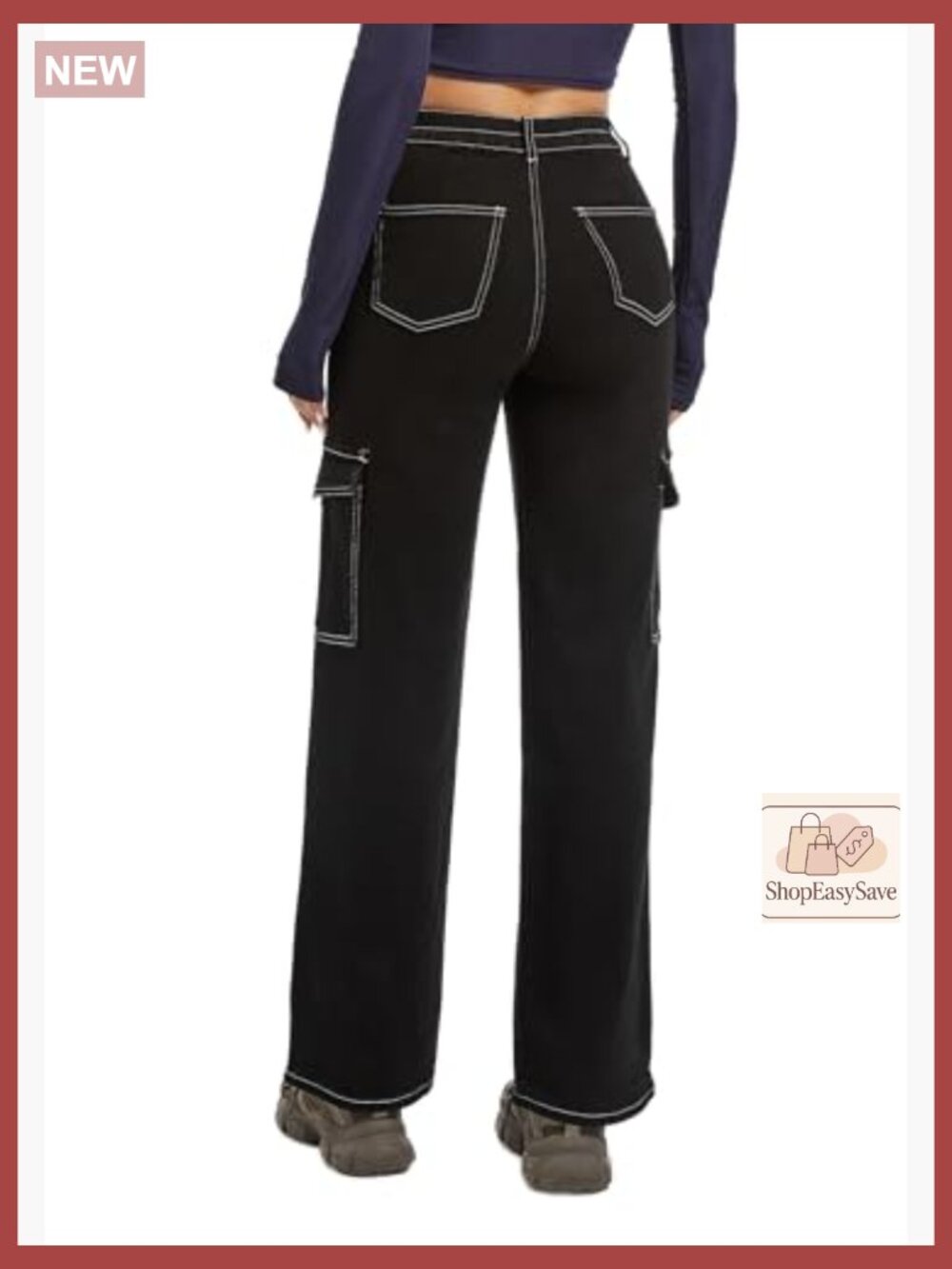 High Waisted Stretch Straight Leg Cargo Pants with Pockets Trendy Trousers - Picture 2 of 5